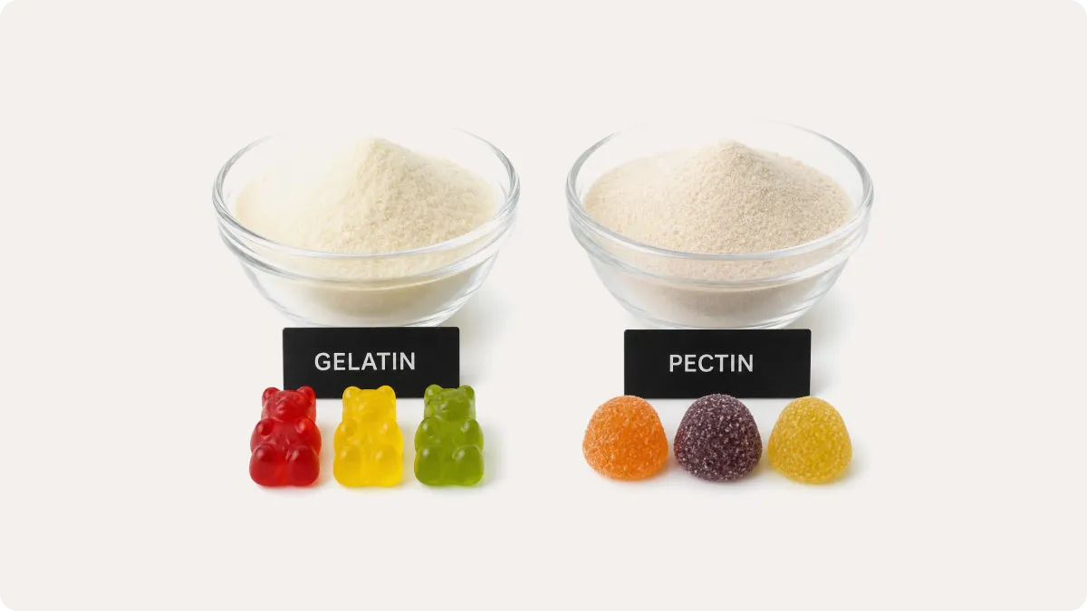 Gelatin powder and pectin powder compared side by side as gummy gelling agents