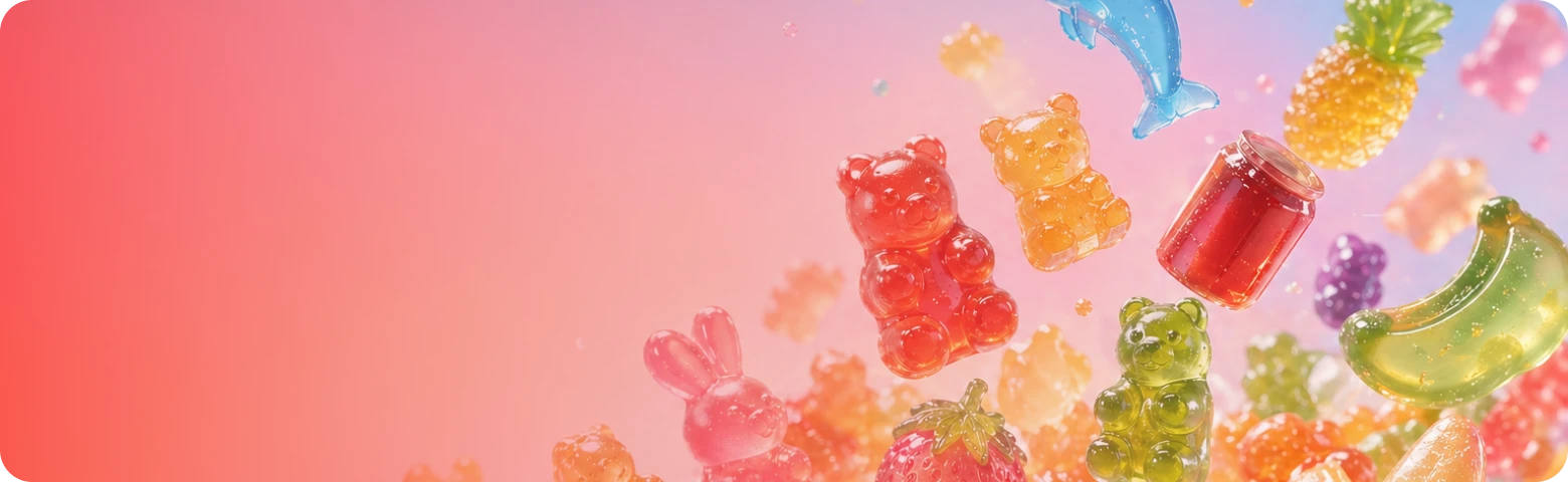 Assorted wholesale gummies in bulk — gummy bears, fruit rings and filled bottles